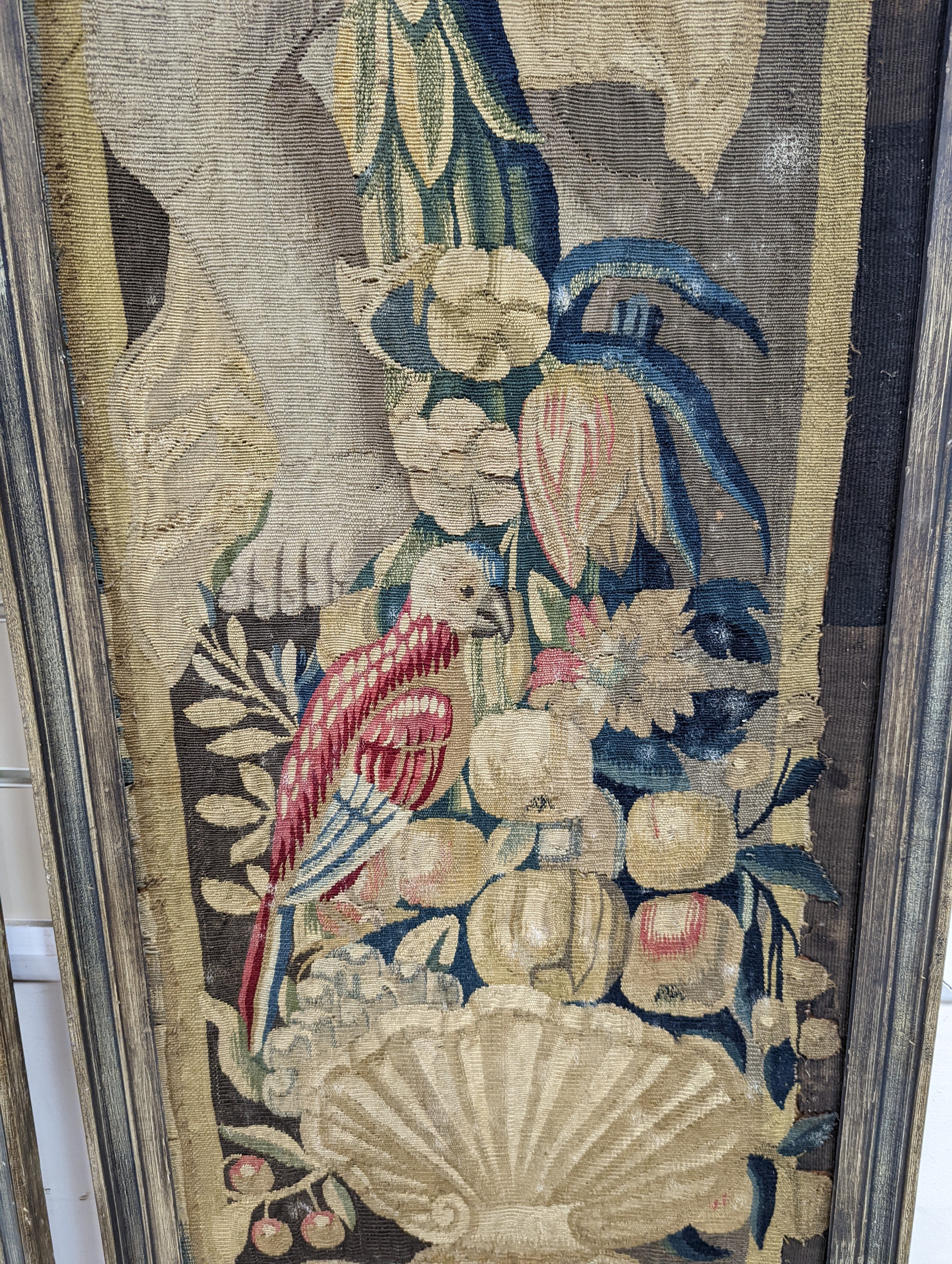 A pair of 17th century Mortlake tapestry panels of cherubs, circa 1660, with flowers, fruit and parrots, standing above scallop shells, later framed, 152 x 41cm, overall 161 x 50cm